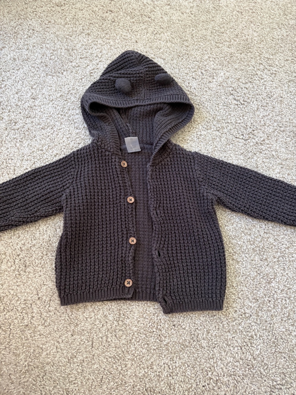 Carter's Charcoal Hooded Knit Cardigan with Pom-Pom Accents